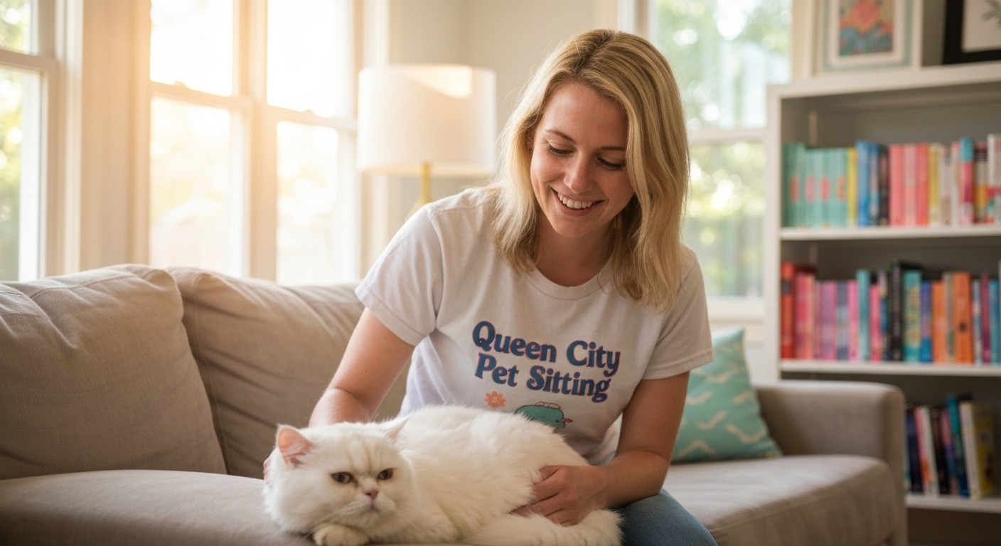 Cat sitter caring for cat at home